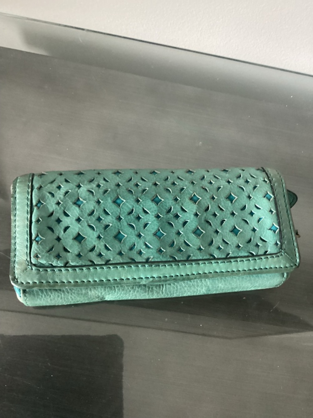 Fossil Teal Boho Laser Cut Leather Wallet